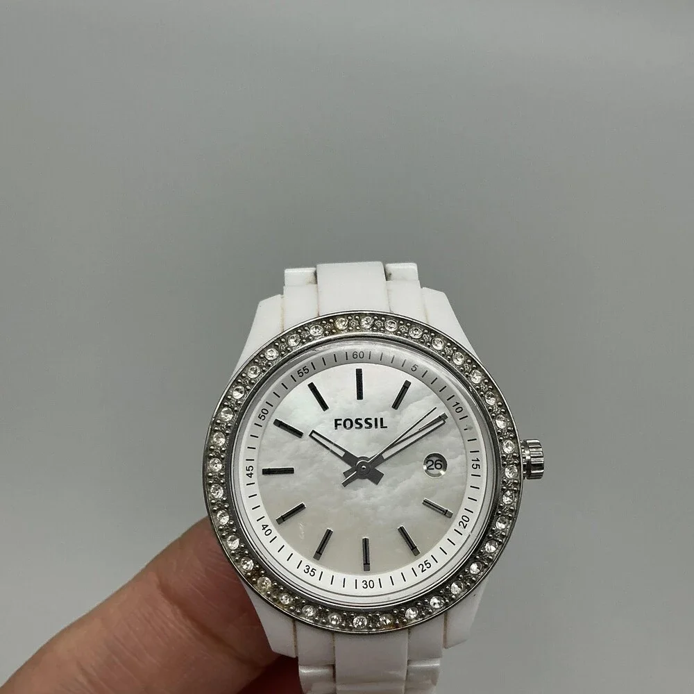 Fossil ES2437 Womens Watch 31mm MOP Ceramic Crystals Date New Battery 6.75